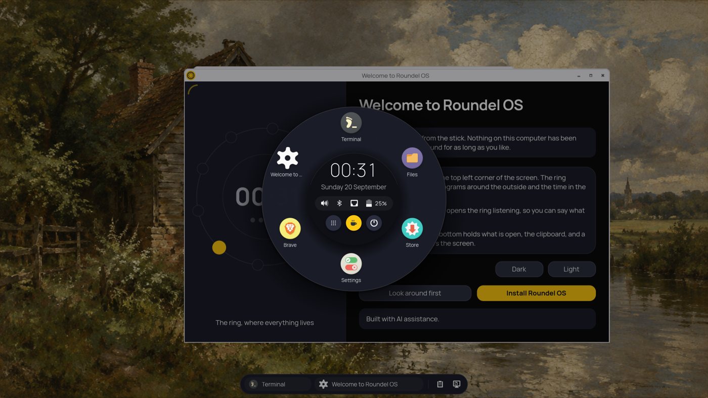 The ring open on the Roundel OS desktop: the clock, date and tray in the middle, apps round it, and the panel along the bottom